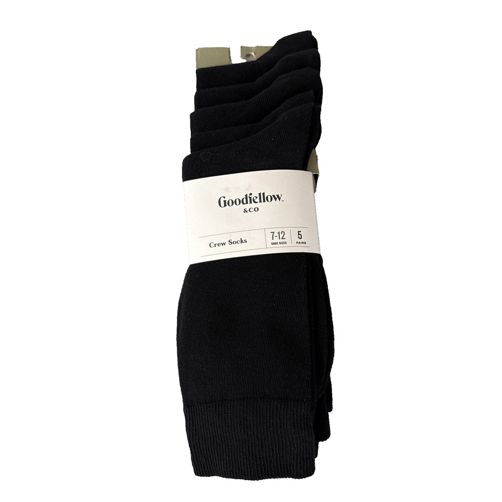Goodfellow & Co Mens Black Knit Crew Socks, 5 Pairs, Shoe Sizes 7-12